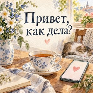 Открытка «Привет, как дела?» с чаем и телефоном