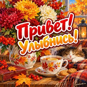 Открытка «Привет! Улыбнись!» с хризантемами и рябиной
