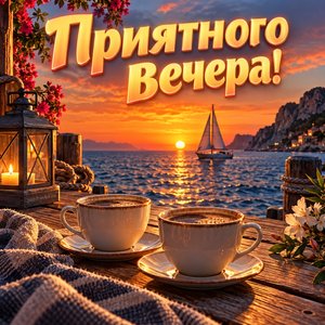 Открытка «Приятного вечера!» с парусником на закате