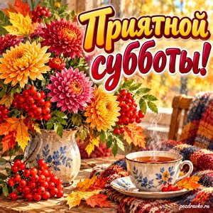 Открытка «Приятной субботы!» с хризантемами и рябиной