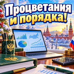 Открытка «Процветания и порядка!» с ноутбуком и графиками