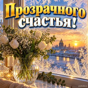 Открытка «Прозрачного счастья!» с окном и букетом