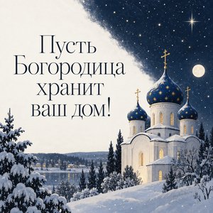 Открытка «Пусть Богородица хранит ваш дом!» с храмом под звёздами