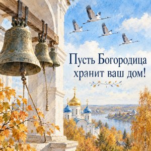 Открытка «Пусть Богородица хранит ваш дом!» с колоколами и журавлями