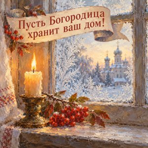 Открытка «Пусть Богородица хранит ваш дом!» с морозным окном и свечой