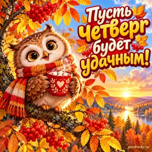 Открытка «Пусть четверг будет удачным!» с совой и какао