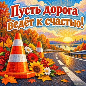 Открытка «Пусть дорога ведёт к счастью!» с дорожными конусами и цветами на фоне мягких осенних облаков