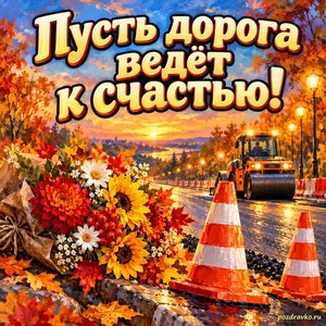 Открытка «Пусть дорога ведёт к счастью!» с дорожными конусами и цветами в сиянии уютных фонариков