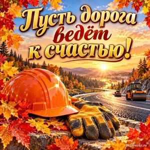 Открытка «Пусть дорога ведёт к счастью!» с каской и рабочими перчатками в рамке из кленовых листьев