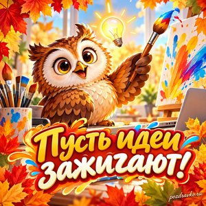 Открытка «Пусть идеи зажигают!» с доброй совой и кистями в рамке из кленовых листьев