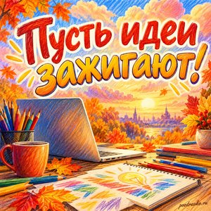 Открытка «Пусть идеи зажигают!» с ноутбуком и цветными карандашами на фоне мягких осенних облаков
