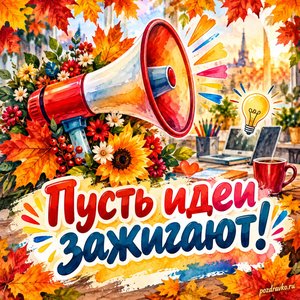 Открытка «Пусть идеи зажигают!» с ярким мегафоном и цветами в рамке из кленовых листьев