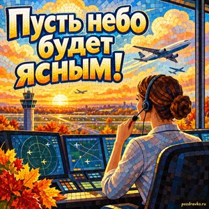 Открытка «Пусть небо будет ясным!» с диспетчером за пультом на фоне мягких осенних облаков