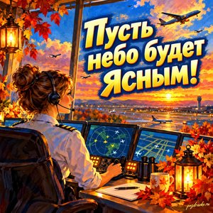 Открытка «Пусть небо будет ясным!» с диспетчером за пультом в сиянии уютных фонариков