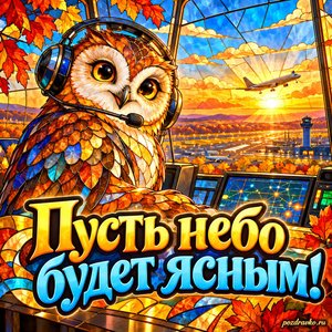 Открытка «Пусть небо будет ясным!» с доброй совой в гарнитуре при золотом солнечном свете