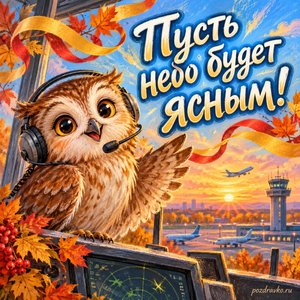 Открытка «Пусть небо будет ясным!» с доброй совой в гарнитуре с нарядными праздничными лентами