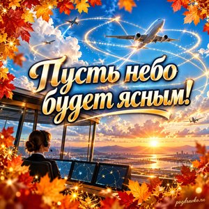 Открытка «Пусть небо будет ясным!» с небом и сияющими маршрутами в рамке из кленовых листьев