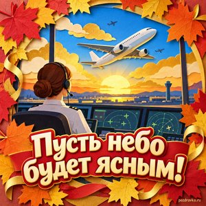 Открытка «Пусть небо будет ясным!» с самолётом над золотыми облаками в рамке из кленовых листьев