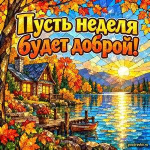 Открытка «Пусть неделя будет доброй!» с домиком у озера