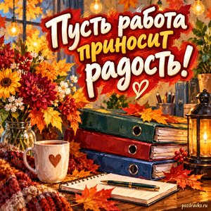 Открытка «Пусть работа приносит радость!» с папками и осенними листьями в сиянии уютных фонариков