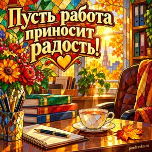 Открытка «Пусть работа приносит радость!» с уютным кабинетом и чашкой чая при золотом солнечном свете