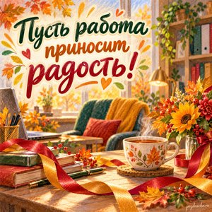Открытка «Пусть работа приносит радость!» с уютным кабинетом и чашкой чая с нарядными праздничными лентами