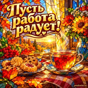 Открытка «Пусть работа радует!» с чашкой чая и печеньем при золотом солнечном свете
