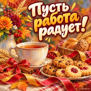 Открытка «Пусть работа радует!» с чашкой чая и печеньем с нарядными праздничными лентами
