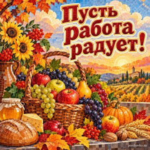 Открытка «Пусть работа радует!» с корзиной фруктов на фоне мягких осенних облаков