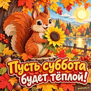 Открытка «Пусть суббота будет тёплой!» с белкой и подсолнухом