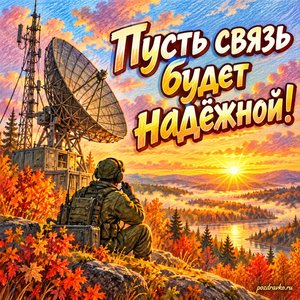 Открытка «Пусть связь будет надёжной!» с антенной на фоне рассвета на фоне мягких осенних облаков