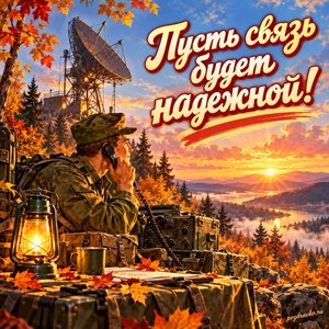 Открытка «Пусть связь будет надёжной!» с антенной на фоне рассвета в сиянии уютных фонариков
