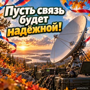 Открытка «Пусть связь будет надёжной!» с спутниковой тарелкой и облаками с нарядными праздничными лентами