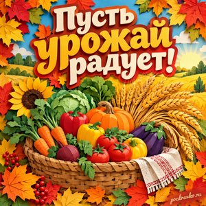 Открытка «Пусть урожай радует!» с корзиной овощей и колосьями в рамке из кленовых листьев
