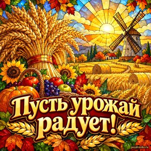 Открытка «Пусть урожай радует!» с мельницей и пшеничными снопами при золотом солнечном свете
