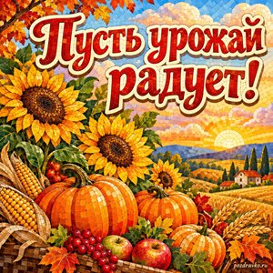 Открытка «Пусть урожай радует!» с подсолнухами и тыквами на фоне мягких осенних облаков