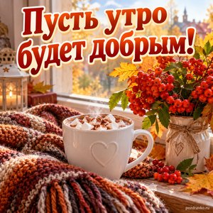 Открытка «Пусть утро будет добрым!» с какао, шарфом и рябиной