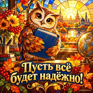 Открытка «Пусть всё будет надёжно!» с доброй совой и папкой при золотом солнечном свете