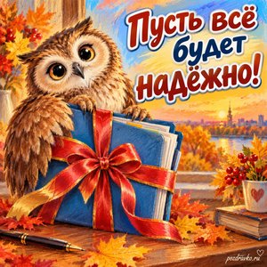 Открытка «Пусть всё будет надёжно!» с доброй совой и папкой с нарядными праздничными лентами