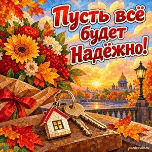 Открытка «Пусть всё будет надёжно!» с ключами от дома и букетом на фоне мягких осенних облаков