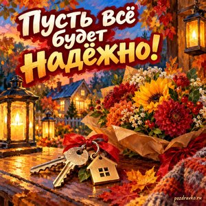 Открытка «Пусть всё будет надёжно!» с ключами от дома и букетом в сиянии уютных фонариков