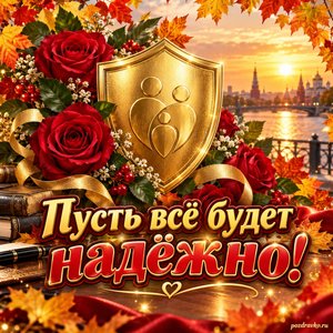 Открытка «Пусть всё будет надёжно!» с розами и золотым щитом в рамке из кленовых листьев