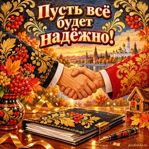 Открытка «Пусть всё будет надёжно!» с рукопожатием и папкой документов с золотыми искрами и конфетти