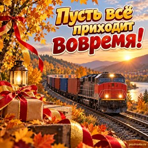Открытка «Пусть всё приходит вовремя!» с поездом и золотыми деревьями с нарядными праздничными лентами