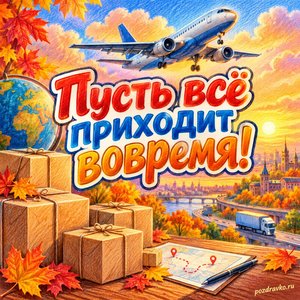 Открытка «Пусть всё приходит вовремя!» с самолётом и посылками на фоне мягких осенних облаков