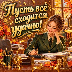 Открытка «Пусть всё сходится удачно!» с офицером за рабочим столом с золотыми искрами и конфетти