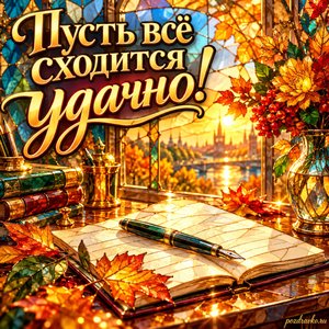 Открытка «Пусть всё сходится удачно!» с ручкой и открытым блокнотом при золотом солнечном свете