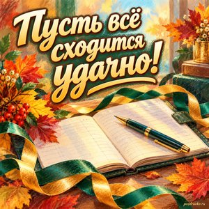 Открытка «Пусть всё сходится удачно!» с ручкой и открытым блокнотом с нарядными праздничными лентами