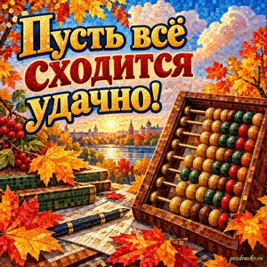 Открытка «Пусть всё сходится удачно!» с счётами и золотыми листьями на фоне мягких осенних облаков