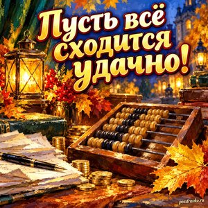 Открытка «Пусть всё сходится удачно!» с счётами и золотыми листьями в сиянии уютных фонариков